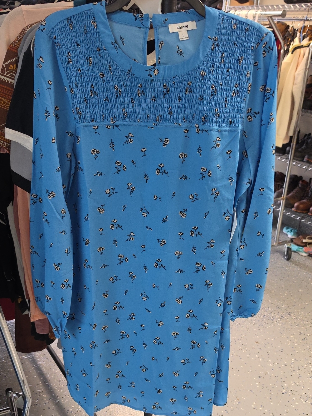 Kensie Sky Blue Floral Long-Sleeve Smocked Yoke Dress